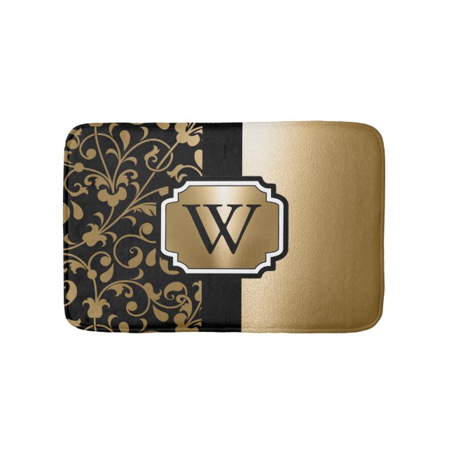 Alfombrilla De Baño Floral de cosecha negra y dorada (Anverso)