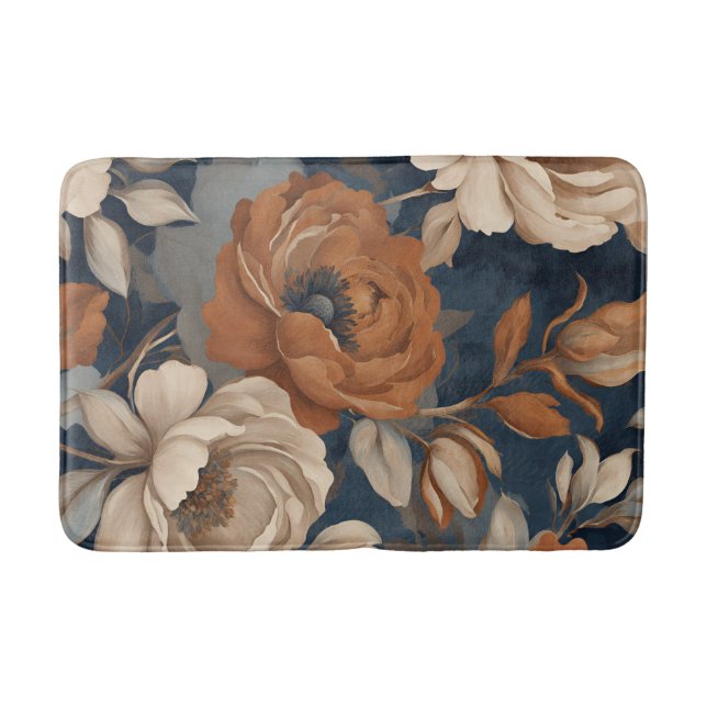 Alfombrilla De Baño Floral de Naranja de ráfaga azul de la marina (Anverso)