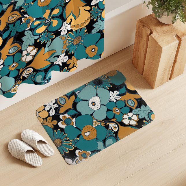 Alfombrilla De Baño Floral Doodles Aqua Teal Mustard Black White (Subido por el creador)