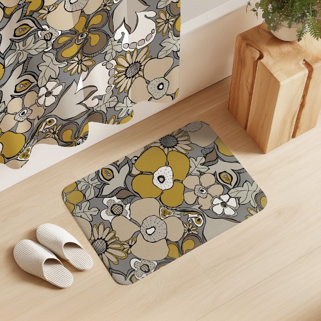 Alfombrilla De Baño Floral Doodles Mustard Beige Taupe Grey Black (Subido por el creador)