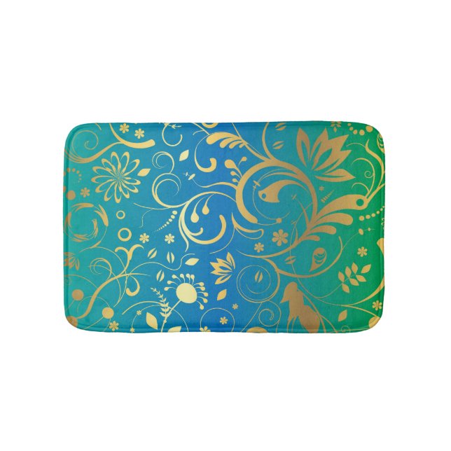 Alfombrilla De Baño Floral dorada sobre gradiente verde y azul (Anverso)