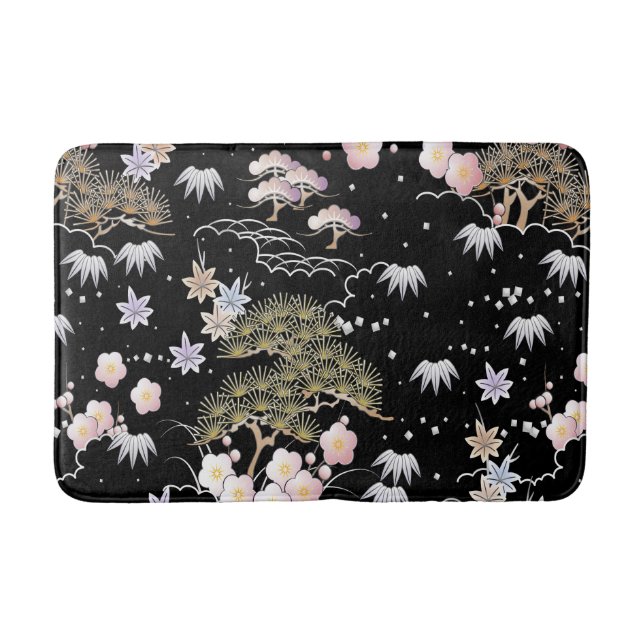 Alfombrilla De Baño Floral elegante de cerezo rosa negro (Anverso)