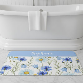 Alfombrilla De Baño Floral silvestre personalizada acuarela azul