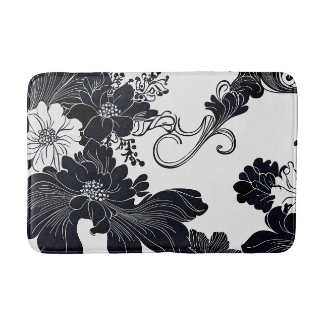 Alfombrilla De Baño Florales elegantes blancos y negros incansables (Anverso)