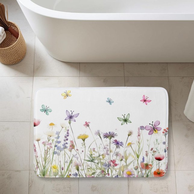 Alfombrilla De Baño Flores acuáticas silvestres mariposas pradera deli (Watercolor wildflowers butterflies meadow delicate bath mat)