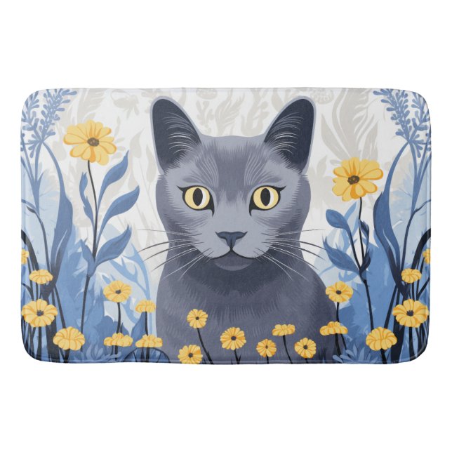 Alfombrilla De Baño Flores amarillas de gato azul ruso (Anverso)