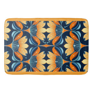 Alfombrilla De Baño Flores azul naranja Art Deco