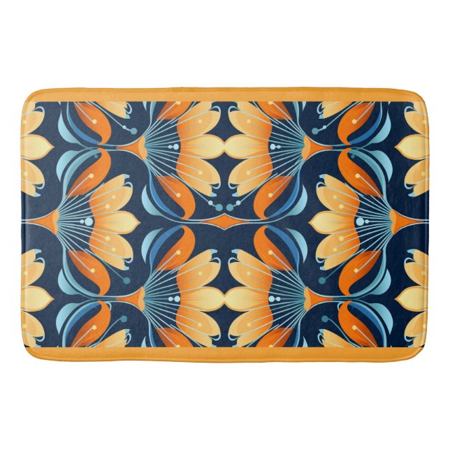 Alfombrilla De Baño Flores azul naranja Art Deco (Anverso)