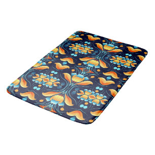 Alfombrilla De Baño flores azules naranjas Art Deco