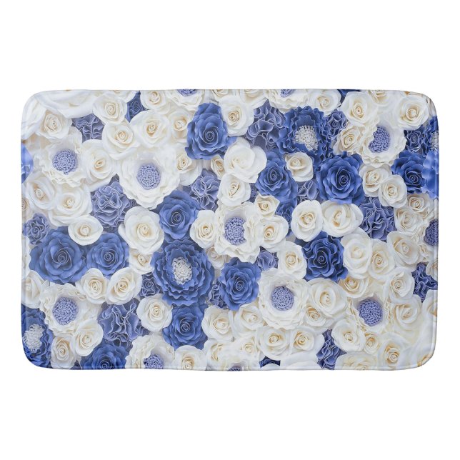 Alfombrilla De Baño Flores blancas azules elegantes Girly (Anverso)