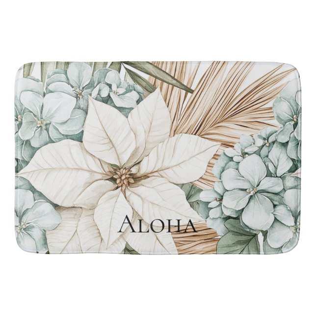 Alfombrilla De Baño Flores Blancas Azules Tropicales   (Anverso)