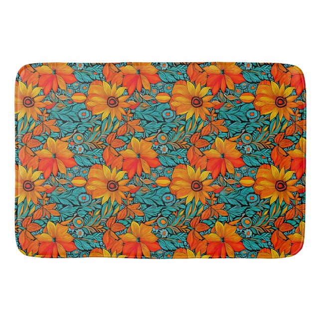 Alfombrilla De Baño Flores Boho Azul y Naranja  (Anverso)