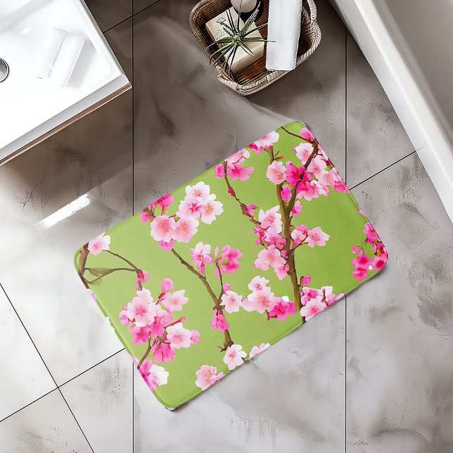 Alfombrilla De Baño Flores de cerezo rosadas impresionantes sobre verd (Beautiful Pink Cherry Blossoms on Chartreuse Bath Mat)