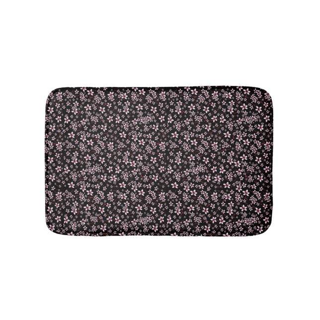 Alfombrilla De Baño Flores de Cerezo Rosadas sobre Negro (Anverso)