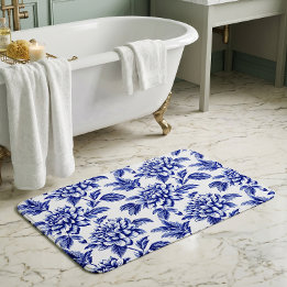 Alfombrilla De Baño Flores de dalia azules y blancas Toile de Jouy