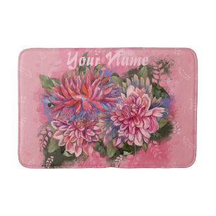 Alfombrilla De Baño Flores de dalias rosadas acuarela