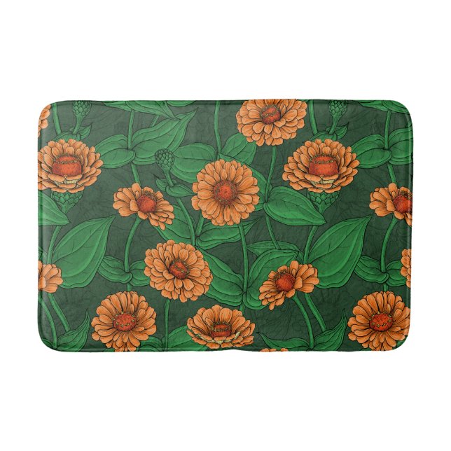 Alfombrilla De Baño flores de la zinnia naranja, hojas verdes sobre ve (Anverso)