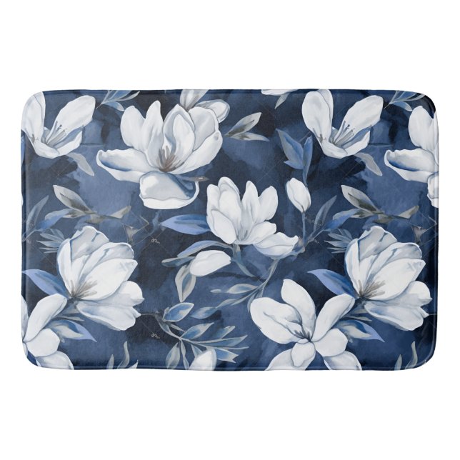 Alfombrilla De Baño Flores de magnolia blanca, fondo azul (Anverso)