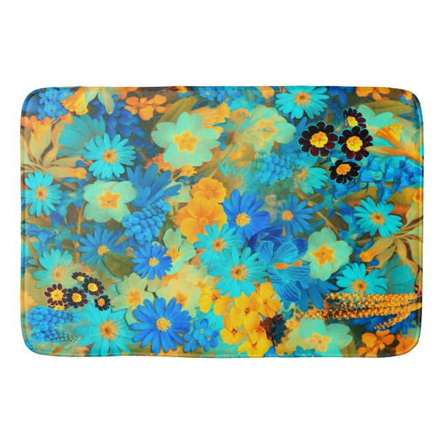 Alfombrilla De Baño Flores de primavera azules y amarillas (Anverso)