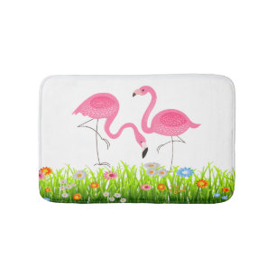 Alfombrilla De Baño Flores de primavera y flamencos rosados