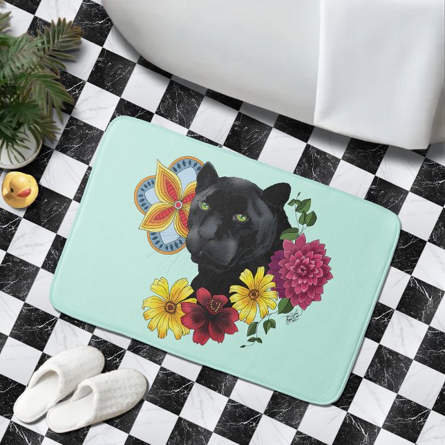 Alfombrilla De Baño Flores de retrato jaguar negro (Subido por el creador)