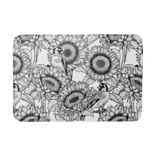 Alfombrilla De Baño Flores de sol y medusas de oro en blanco y negro