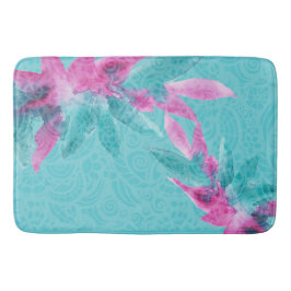 Alfombrilla De Baño Flores hawaianas de color rosa turquesa