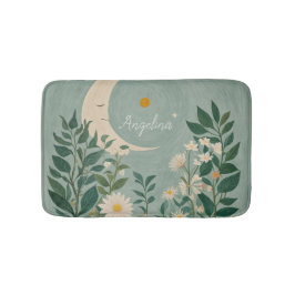 Alfombrilla De Baño Flores luna iluminadas: flores pasteles y luna cre