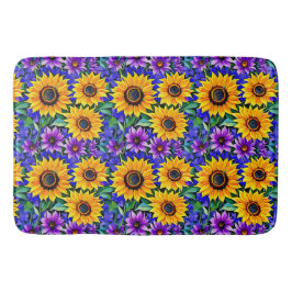 Alfombrilla De Baño Flores moradas y flores amarillas de girasol
