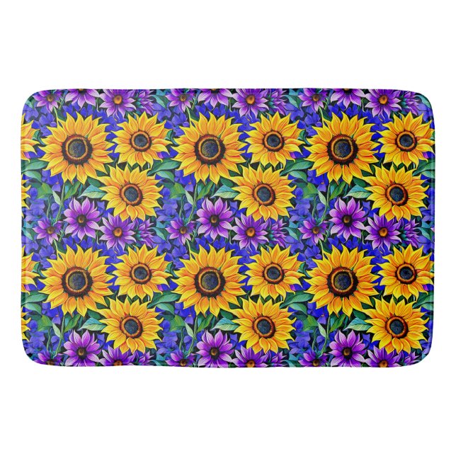 Alfombrilla De Baño Flores moradas y flores amarillas de girasol (Anverso)