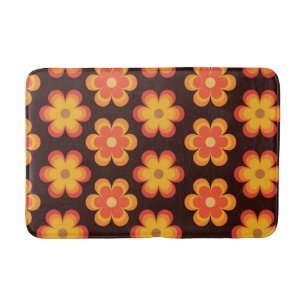 Alfombrilla De Baño Flores Naranja y Amarillo Groovy Retro 70s 