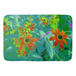 Alfombrilla De Baño Flores rojas y amarillas trippy en azul retro
