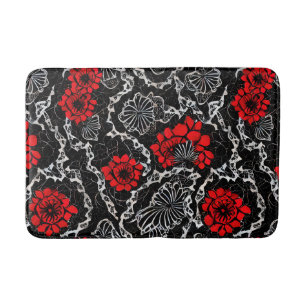 Alfombrilla De Baño Flores rojas y patrón sin foco de encaje negro