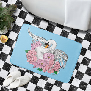Alfombrilla De Baño Flores rosadas de cisne blanco