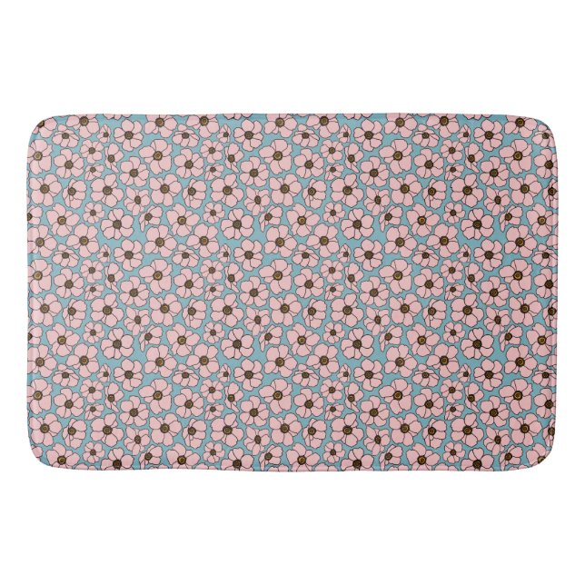 Alfombrilla De Baño Flores rosadas sobre azul  (Anverso)