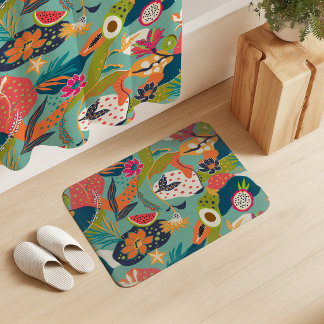 Alfombrilla De Baño Flores y Frutas de la Isla en Azul Menta