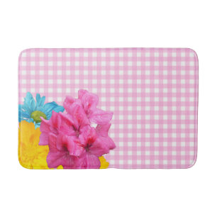 Alfombrilla De Baño Flores y Gingham rosa