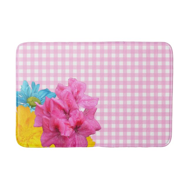 Alfombrilla De Baño Flores y Gingham rosa (Anverso)