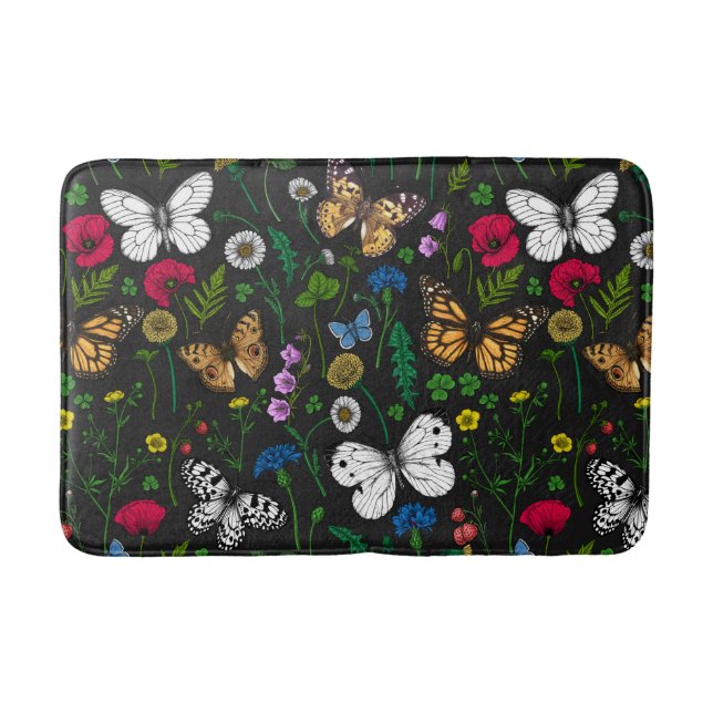 Alfombrilla De Baño Flores y mariposas silvestres en negro (Anverso)