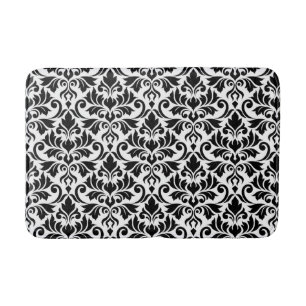 Alfombrilla De Baño Flourish Damask Gran patrón negro en blanco