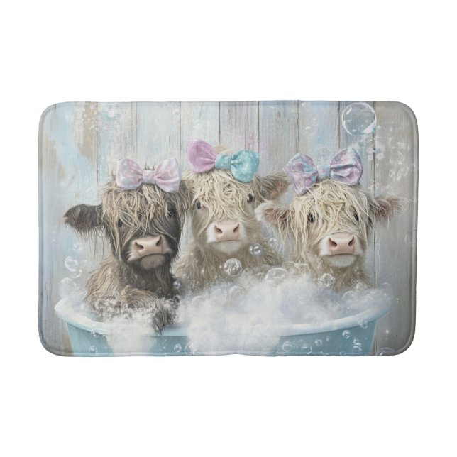 Alfombrilla De Baño Fluffy Highland Calves Bubble Bath Farmhouse Escen (Anverso)