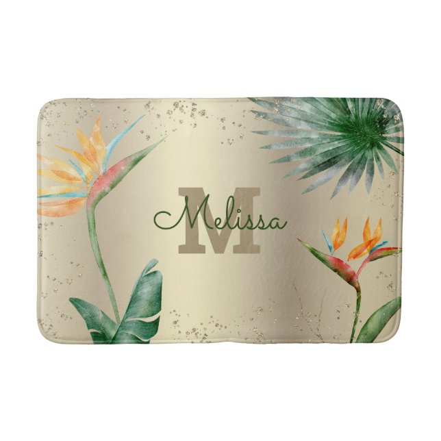 Alfombrilla De Baño Foliage floral tropical Monograma Script Relieve m (Anverso)