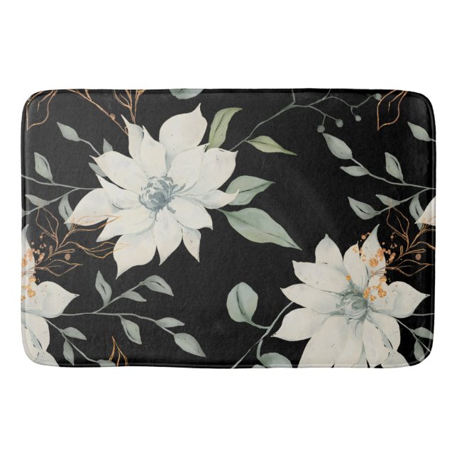 Alfombrilla De Baño Fondo clásico blanco floral botánico negro (Anverso)