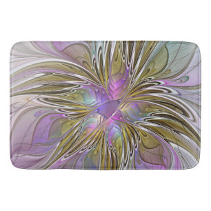 Alfombrilla De Baño Fractal floral colorido con rosado y oro