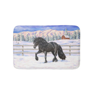 Alfombrilla De Baño Fraude negro de caballo trotando con nieve