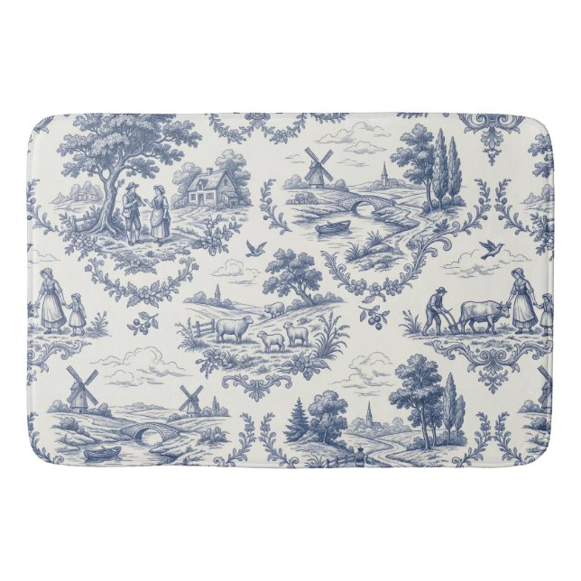 Alfombrilla De Baño French Country - Blue & Cream Toile Countryside (Anverso)