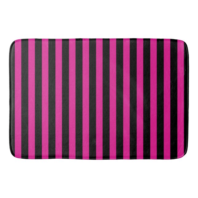 Alfombrilla De Baño Fuchsia y rayas de caramelo negro (Anverso)