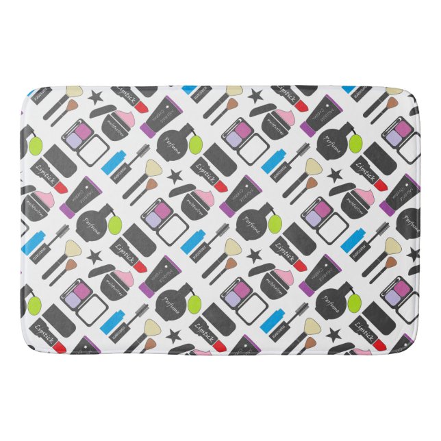 Alfombrilla De Baño Funky Makeup Cosmetics Collage Pattern (Anverso)