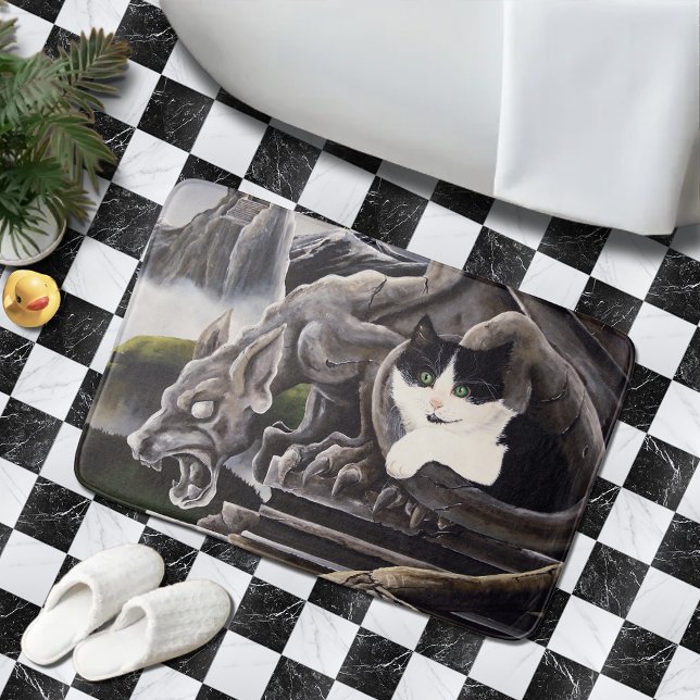 Alfombrilla De Baño Gargoyle de gato blanco negro (Subido por el creador)