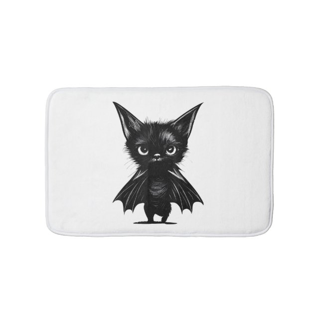 Alfombrilla De Baño Gatito Negro Grumpy De Halloween Con Traje De Bate (Anverso)